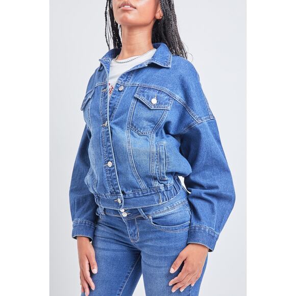 YMI 80s Style Throwback Denim Jacket Elastic Hem Size Small Medium Wash Grunge - Picture 1 of 13